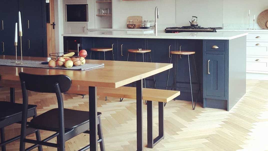 File_001 Solid Oak Dining Table with Black Square Frame Legs and Benches
