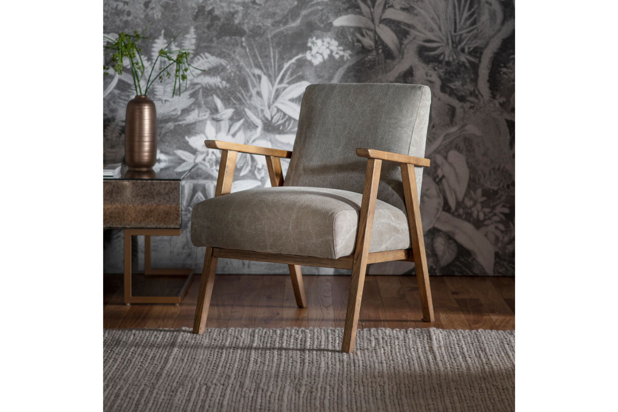 Grain_and_Frame_Milford_Grey_Linen_Armchair_2 Grain and Frame Natural Oak Dining Table Trapezium Black Steel Leg