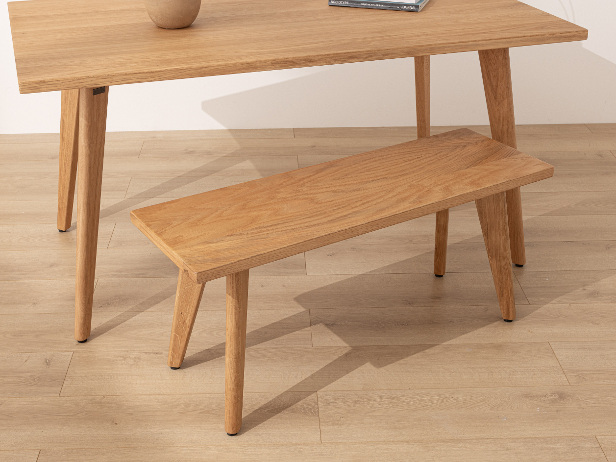 Solid Oak Dining Table with Black Square Frame Legs and Benches