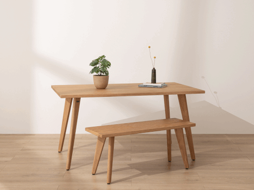 Solid Oak Dining Table with Black Square Frame Legs and Benches